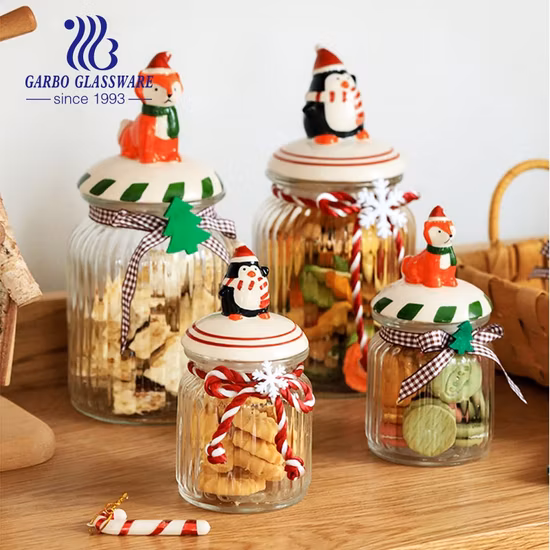 Cadeau de Noël en gros clair grand pot de stockage en verre de biscuit de sucrerie réglé avec le couvercle en céramique décoratif